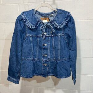 Levi's Premium Women's Prairie Trucker Jacket SMALL Blue Denim‎ Ruffles Feminine